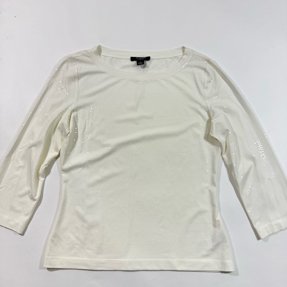 St John Caviar Glitter Round Neck Top 3/4 Sleeve Ivory